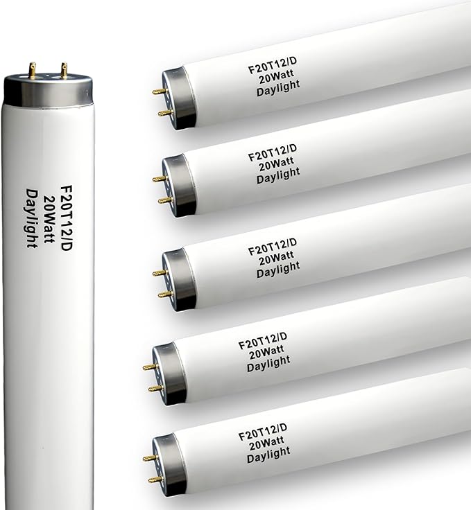 6 Pack 2FT F20T12/D Daylight Fluorescent Bulb, 24 Inch 6500K 20 Watt Full Spectrum Light, 1.5 Inch Diameter T12 Linear Tube, High Transparency CRI 85+