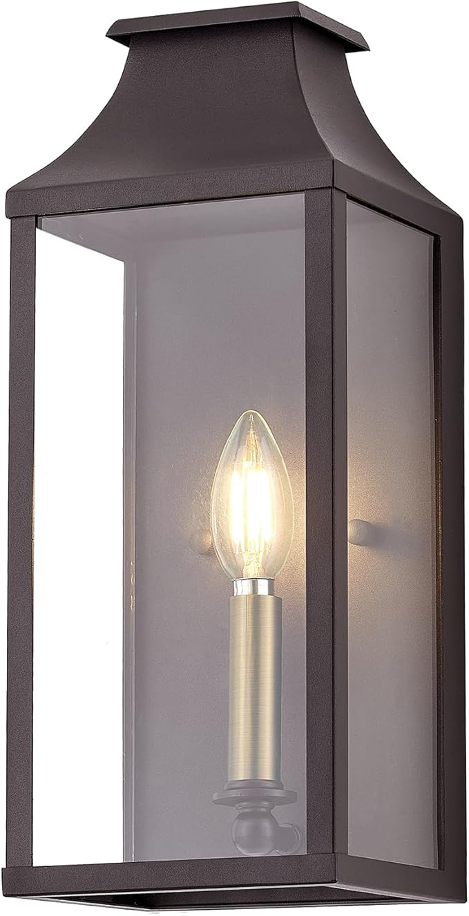 14" Small Classic Outdoor Wall Lantern Light for House Exterior,Handcrafted Old Rust Metal Cage Mounted Pocket Wall Sconce W/Clear Tempered Glass,Waterproof for Porch, Patio, Garage&Front Door E12