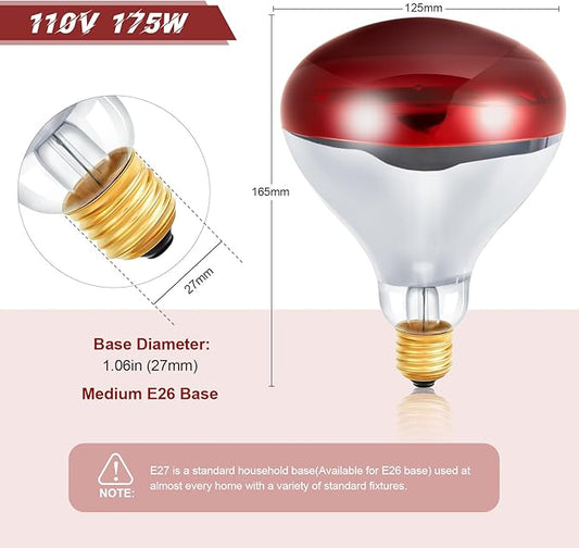 Treela 6 Pcs 110V 175W Red Infrared Bulbs Medium E26 Base, Red Heat Lamp Flood Light Bulbs Heat Light for Bathroom Chickens Brooder Pets