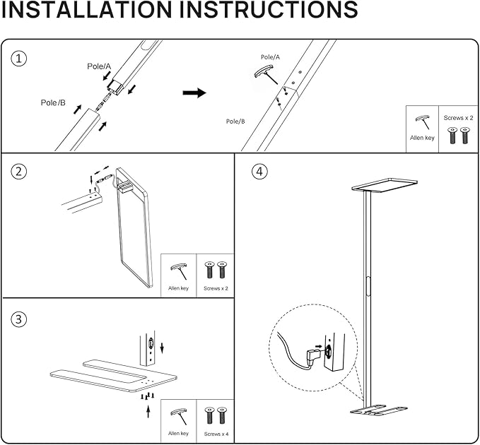 STERREN Modern LED Floor Lamp, 10000LM Touch Dimming Standing Lamp, 4000K Full Spectrum Eye-Care Reading Light Floor Standing, 76.8" Tall Lamp for Study Room, Office, Living Room, Bedroom (Black)