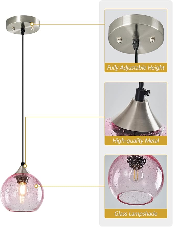 Pink Glass Pendant Lights Kitchen Island Globe Pendant Light Fixtures Modern Pendant Lighting for Bedroom Living Dining Room Light Fixture (5.9 in, 3 Pack)