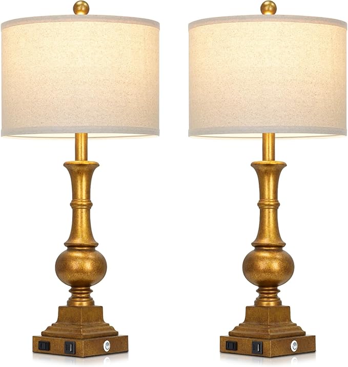 Farmhouse Table Lamps for Living Room, 26" Vintage Table Lamp Set of 2 with USB A+C Charging Ports & AC Outlets, Touch Control 3-Way Dimmable Rustic Bedside Nightstand Lamps for Bedroom Gold Brass