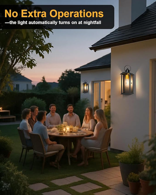 Dusk to Dawn Outdoor Wall Light Fixtures, 15inch Waterproof Patio Lanterns, Exterior Wall Mount Lantern Sconce with Glass, Black Wall Sconces for House Garage Front Door