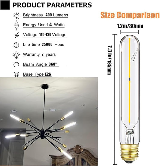 T10 LED Bulb 4W Equal E26 LED Bulb 40 Watt dimmable Neutral White 4000K E26 Edison Bulb AC120V 400lm Tubular Light Bulb T9 for Rustic Pendant,Island,Chandeliers,Wall sconces Pack of 4