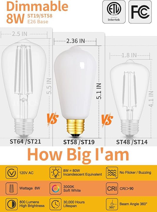 CRLight Dimmable Opal LED Edison Bulbs, 8W (80W Eqv) 800LM 3000K Soft White, Vintage Antique Style Milky Glass ST19 = ST58 E26 Filament Light, 8 Pack
