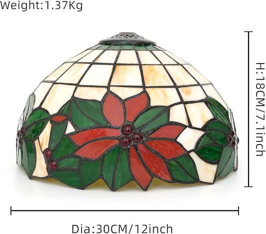 Tiffany Lamp Shade Replacement, 12 Inches Christmas Tree Red Flowers Stained Glass Vintage Handmade Cute Decor Ceiling Light Shade for Table Lamp Pendant Light
