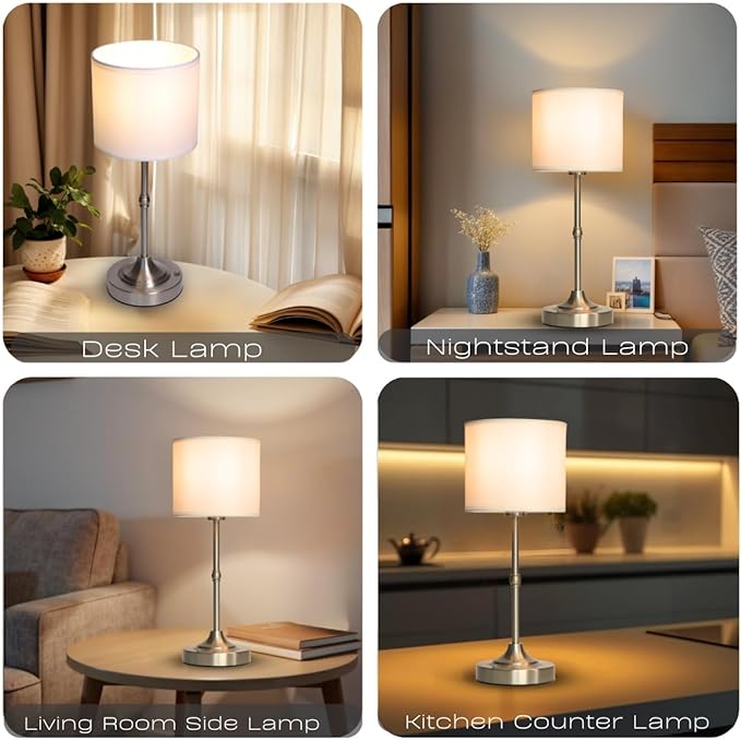 Rechargeable Table Lamp, Cordless Touch Lamps, Portable Desk Light with Stepless Dimmable Brightness & Fabric Shade for Nightstand Bedside Living Room (Silver, Straight)