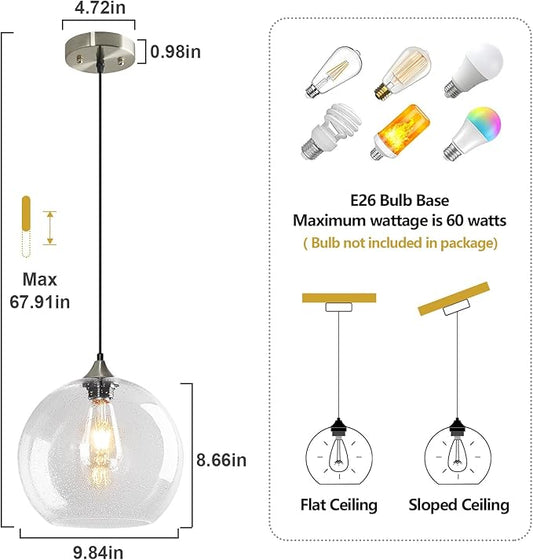 Clear Glass Pendant Lights Kitchen Island Lighting Globe Pendant Light Fixtures Modern Pendant Lighting for Kitchen Island Bedroom Living Dining Room Light Fixture(9.84in, 2-Pack)