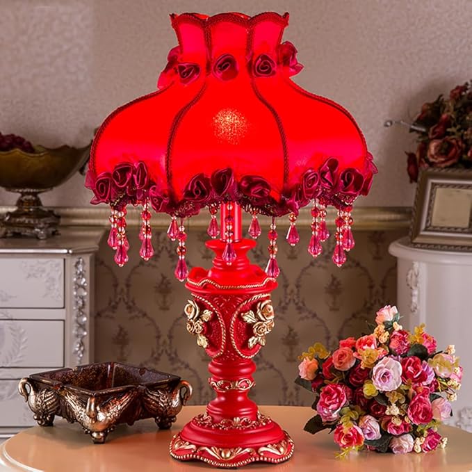 Elegant Table Lamp with Fabric Lampshade, Antique Flower Decorative Bedside Desk Lamp, Rose Decoration Night Light for Bedroom Nightstand