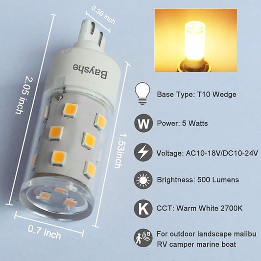 12V T10 Wedge Base Led Landscape Bulbs 5W Malibu Path Garden Light Bulbs,921 922 912 194 168 T10 RV Camper Trailer Motorhome Marine Boat Dome Light,2700K Warm White,6 Pack