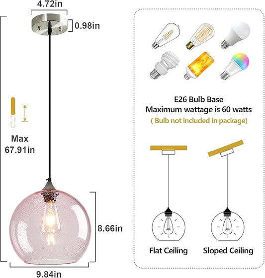 Pink Glass Pendant Lights Kitchen Island Globe Pendant Light Fixtures Modern Pendant Lighting for Bedroom Living Dining Room Light Fixture (9.84 in, 3 Pack)