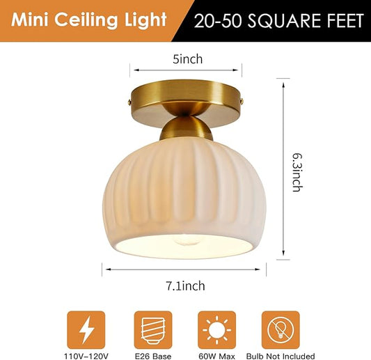 Vintage Ceramic Semi Flush Mount Ceiling Light - 2 Pack, Gold Hallway Light Fixtures, White Globe Ceiling Lights,Mid Century Small Chandelier Light Fixture for Cottage Entryway Laundry Room Kitchen