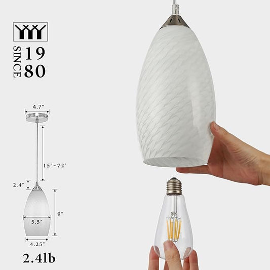 Pendant Lighting, Modern White Fishline Handblown Glass, 4.25" x 9" Tall, Oval Art Shade Hanging Light, Brushed Nickel Hardware for Kitchen, Dining Room, Foyer Decor 4.7" Shade (1 Pack)