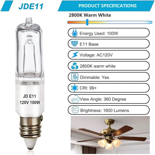 4 Pack JDE11 Bulb,120V 100W Halogen Candelabra Bulbs,T4 Mini Base JD E11 Bulb ,Dimmable 2700K Warm White(Replacement E11 LED bulb,for Chandeliers,Candelabra,Ceiling Fan, Table Lamps, Cabinet Lighting