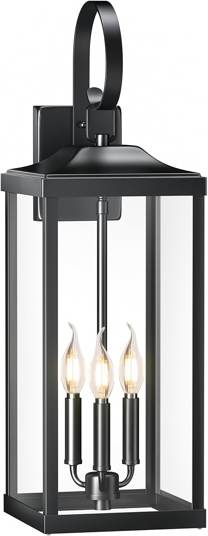 24" Extra Large Outdoor Wall Light for House, Black 3-Light Waterproof Exterior Porch Lamp Wall Mount, Modern Outside Wall Sconce Coach Light with Clear Glass, E12, 1-Pack