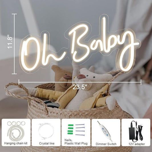DIVATLA Oh Baby Sign for Backdrop - Oh Baby Neon Sign Shower Decorations, Gender Reveal, Led Sign for Backdrop & Wall Decor, Photo Prop, Gif for New Parents, Warm White
