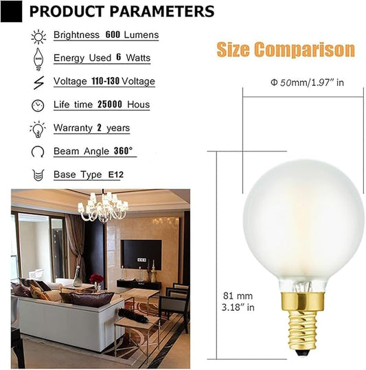 Leools G16.5 Light Bulb,6W E12 LED Bulb dimmable Equivalent E12 Candelabra Bulb 60 Watt,Warm White 2700K,Frosted Glass,600lm,CRI90+,AC120V,Edison Style,Clear Glass,ETL Listed,Pack of 6