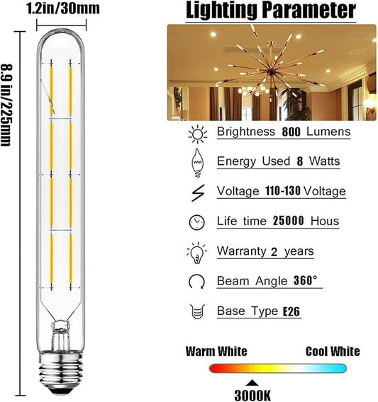 XININSUN T10 LED Bulb, 8.9 Inch Tubular Light, 80W Equivalent, 800lm, Dimmable, E26 Base, Clear Glass, Soft White 3000K