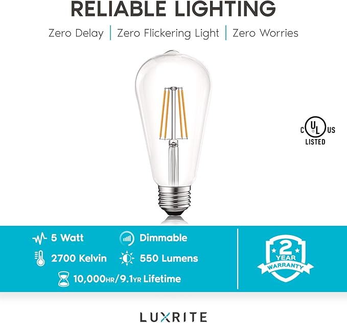 LUXRITE Vintage LED Edison Bulb 60W Equivalent, ST19 ST58, 2700K Warm White, 550 Lumens, Dimmable LED Filament Bulb 5W, Clear Glass, UL Listed, E26 Medium Base (6 Pack)