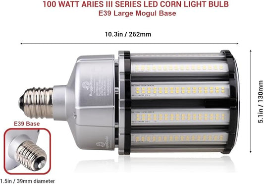 RuggedGrade Aries III Series 100W LED Corn Bulb | 13,400 Lumens | 5000K Bright White | E39 Base | Fanless Design | 6KV Surge Protection | DLC 5.1 Premium