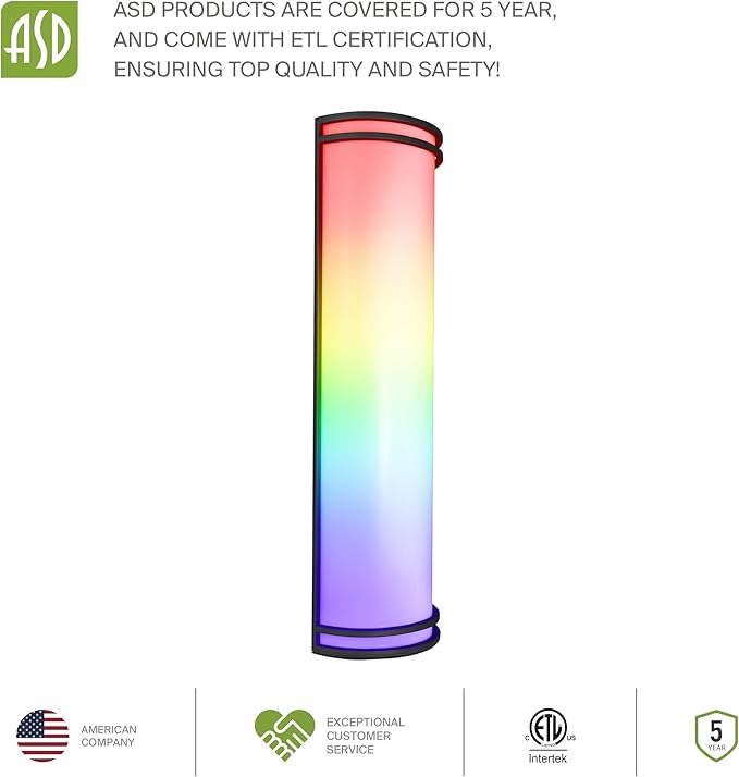 ASD 24 Inch Smart RGBW LED Outdoor & Indoor Wall Mount Light Fixture - Black RGB Wall Sconce Exterior Lighting - 120-277V 23W 2700-6500K Dimmable, Remote Control, Alexa - Front Door, Patio ETL