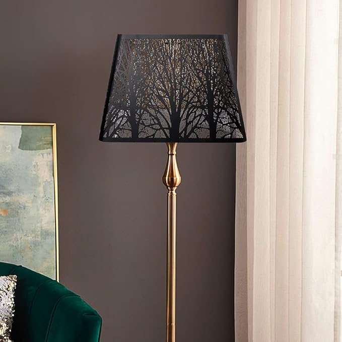 Medium Square Lamp Shades, ALUCSET Metal Lampshade with Pattern of Trees for Table Lamp and Floor Light, 9 x 12 x 8.8 Inch, Spider (Black/Gold)