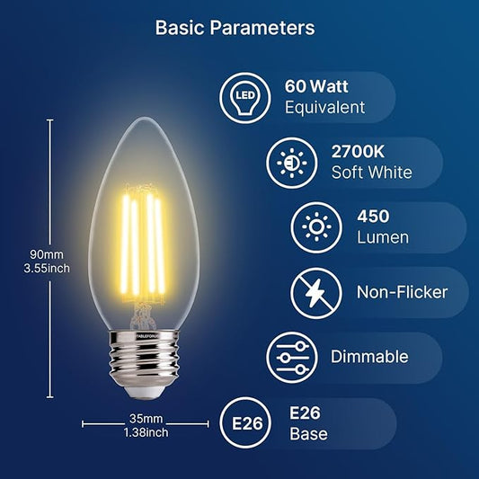 FLSNT LED Candelabra Light Bulbs 60W Equivalent E26 Base, Dimmable B11 LED Chandelier Light Bulbs, 2700K Soft White, 48 Pack UL,CA65 Listed.