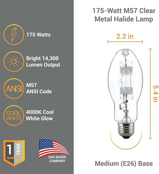 Diodesy- M57 Metal Halide Lamp 175W Probe Start 14000 Lumens E26 Medium Base 4000K Cool White Clear ED17 Shape 10000 Hours Lifespan- High Intensity Discharge HID Outdoor Light Bulb for Street Parking