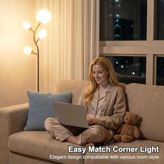 Fiqevs 4 Globe Floor Lamp with 2700K Warm Light LED Bulbs Included, Mid Century Modern Tree Standing Lamp with Frosted Glass Shade, Arc Torch Tall Lamp for Living Room, Bedroom, Office, Antique Brass