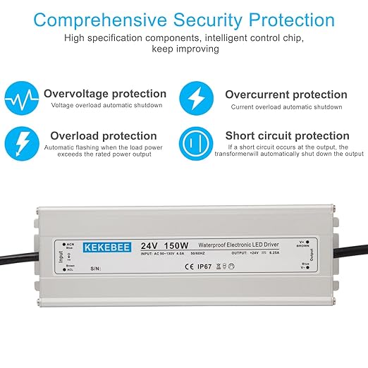 LED Driver 24V150W Waterproof IP67 Power Transformer AC90-130V to DC 24V6.25A Low Voltage Switching Power Supply with 3-pin US Standard Plug for Indoor and Outdoor LED Light Bars