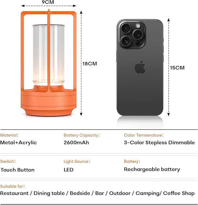 Portable Table Lamp for Indoor/Outdoor, Rechargeable Cordless Desk Lamp with Touch Sensor, 3 Way Dimmable Suitable for Bars/Cafes/Restaurants/Bedrooms/Camping Sites (Orange)