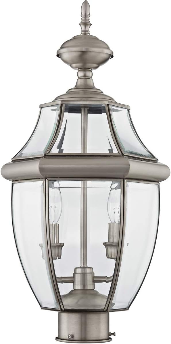 Livex Lighting 2254-91 Monterey 2 Light Outdoor Brushed Nickel Finish Solid Brass Post Head with Clear Beveled Glass