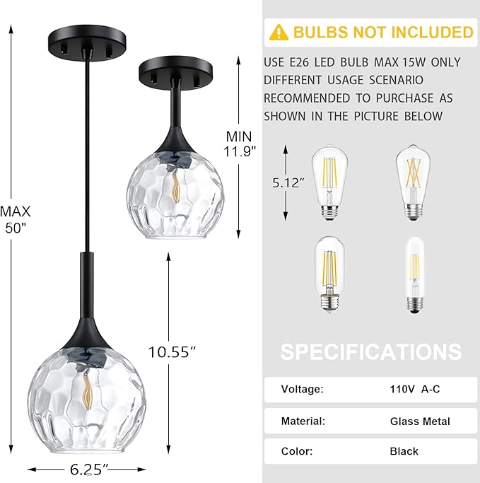Doraimi Lighting 6.3" Texture Glass Pendant Light 3 Pack Pendant Ceiling Light Fixtures Black Finish Modern Farmhouse Dinning Over Sink Adjustable Height Rod