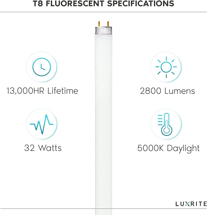 LUXRITE 30-Pack F32T8/850 32W 48 Inch T8 Fluorescent Tube Light Bulb, 5000K Bright White, 2800 Lumens, G13 Medium Bi-Pin Base, LR20734