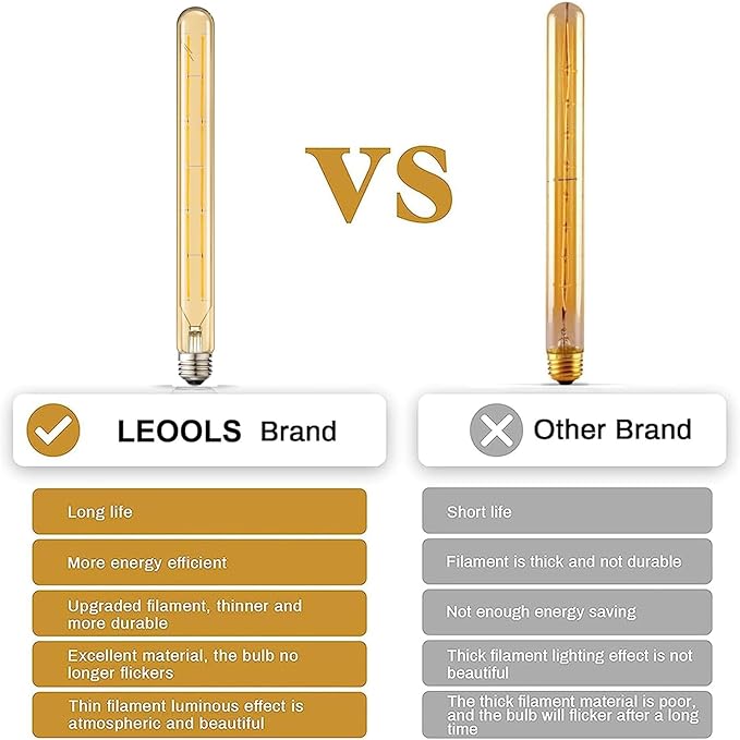 Leools T300 Led Long Bulbs,12W Dimmable Tubular Bulb,100 Watt Equivalent,E26 Edison Style Vintage LED Filament Light Bulb,Amber Glass,2700K Warm White,11.8inch(300mm) Tall T10 Light Bulbs,4-Pack.