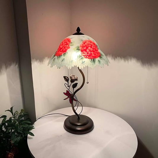Bieye L10888 Hydrangea Hand-Painted Glass Table Lamp with Dragonfly Flower Lamp Base for Home Decor (Red)