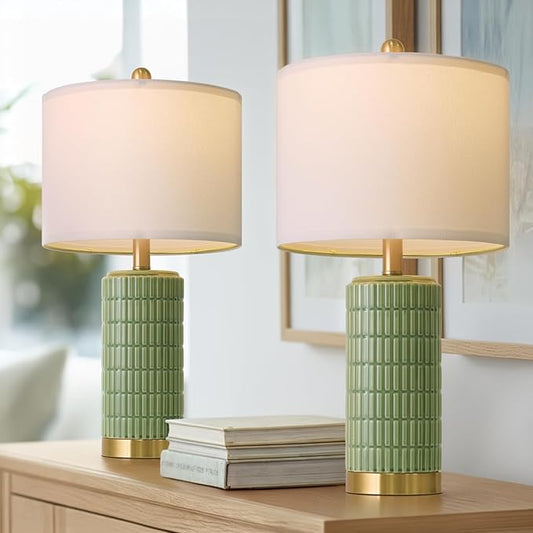 PoKat Bedside Table Lamps Set of 2 for Living Room with 2 USB Ports, 21.5'' Small Modern Nightstand Lamps for Bedroom, Ceramic Side Table Lamps with Gold Base for Office Entryway Decor Gift (Green)