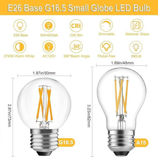BRIMAX 10 Pack G16.5 Light Bulbs Dimmable,Small LED Globe Bulbs,E26 Base 6W Equal 60 Watt 580lm, 2700K Warm White,AC120V,Flicker Free for Ceiling Fans Chandelier