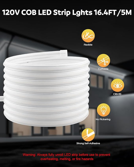 Aclorol AC 110V COB LED Strip Lights Plug in 16.4FT 288led/M High Density Flexible COB LED Rope Light Waterproof for Outdoor Patio Garden Decor IP68 Daylight White 6000K with Strong Self-Adhesive