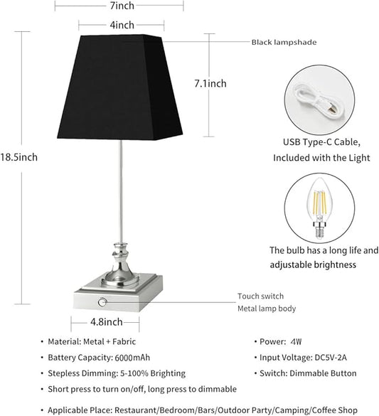 Rechargeable LED Table Lamps with Stepless Touch Control,Light Sliver Cordless Lamp for Living Room&Bedside&Patio&Shower,Small Desk Lamp(6000mAH Battery),2 Pack for Home Decor,Best Gifts for Family