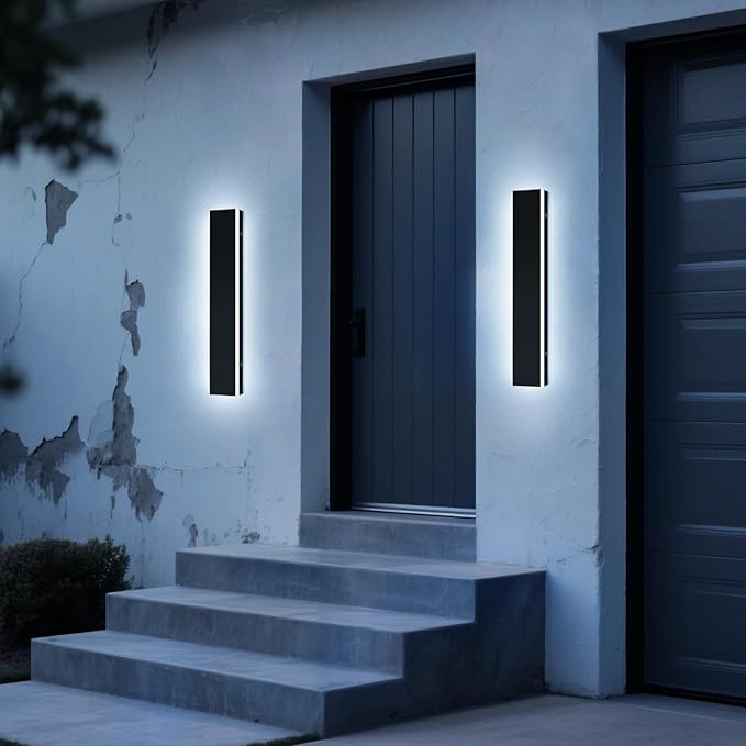 Upgrade Widened 2 Pack Outdoor Wall Light Fixture, 23.6inch Modern Long Linear LED Sconces, 3 Color 3000K/4500K/6000K, IP65 Waterproof, 24W, Exterior Lighting for House, Patio, Garage, Fence