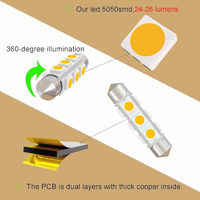 42mm DC 24V Warm White Festoon LED Bulb,578 569 LED Bulbs 211-2 Navigation Bulb for Truck Interior Dome Reading Map Cargo Lights Non Polarity(Pack 6)