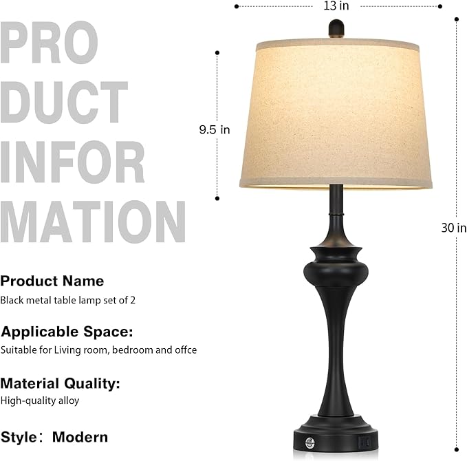 30 Inch Black Table Lamp Single, 3-Way Touch Control Bedside Lamp with USB A+C Ports, Modern Bedroom Lamps for Nightstand, Metal Living Room Lamps for Side Table Desk Office, Bulb Included