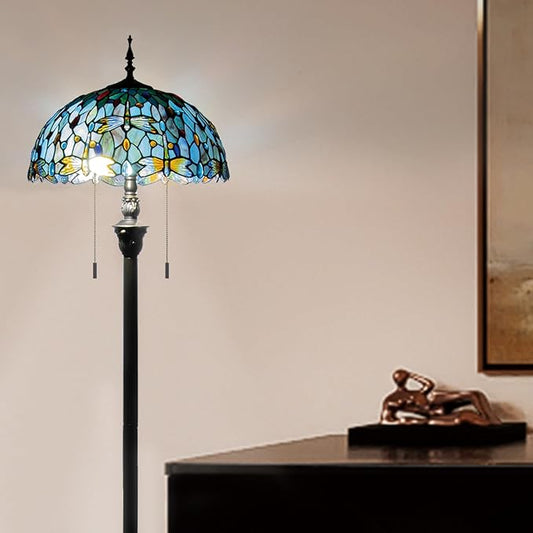 Tiffany Style Floor Lamp, 16" Stained Glass Dragonfly Shade with Antique Bronze Base, 2-Light E26 Pull Chain Standing Reading Light for Living Room, Bedroom, UL Listed, 16x16x64 Inches