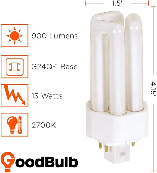 GoodBulb 13 Watt CFL Light Bulbs | 4 Pin GX24Q-1 Base 2700K Soft White | 13W High Output 810 Lumens | Triple Tube Compact Fluorescent Light Bulbs Plug-in | 10 Pack