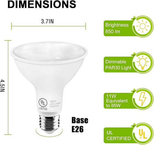 LightingWill 11W Par30 LED Bulb (75W Equivalent), UL Listed, 3000K Warm White Dimmable Flood Light Bulbs, 850 Lumens, E26 Base, LED Recessed Light Bulbs for Indoor Outdoor, 6 Pack