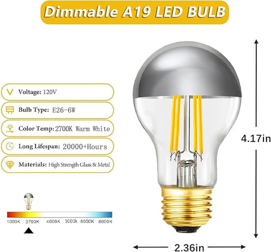 Half Chrome Light Bulb 6W (60 Watt Equivalent), Dimmable A19 2700K Warm White Decorative LED Edison Bulb, E26 Silver Tipped Light Bulb,A60,AC120V, Pack of 4