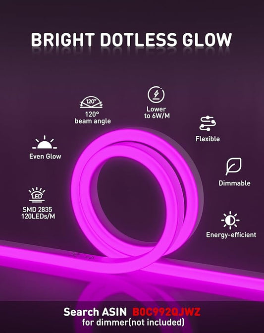 Shine Decor LED Rope Lights AC 120V, Connectable & Cuttable Dotless 120LEDs/M Eco Neon Strip Lighting, ETL IP65 Waterproof & Weather-Resistant for Home Commercial, 8x16mm, Purple, 32.8FT