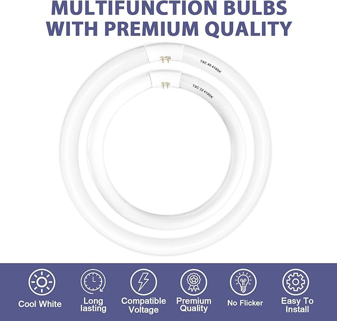 FC16T9/CW 40 Watt and FC12T9/CW 32W Set Cool White, 16'' T9 40 Watt Circline Light Bulbs, 12 inch 32W Circular Fluorescent Tube, Round Fluorescent Bulb CRI 82, 4100K, 5300 Lumen G10q