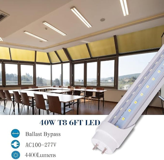 6 Pack T8 6FT 40W (100W Equivalent) Tube Light Bulbs G13 Bi-Pin Base with Dual-Rows LEDs 6000K Cool White for 6 Foot Ballast Bypass T8 T10 T12 Fluorescent Replacement